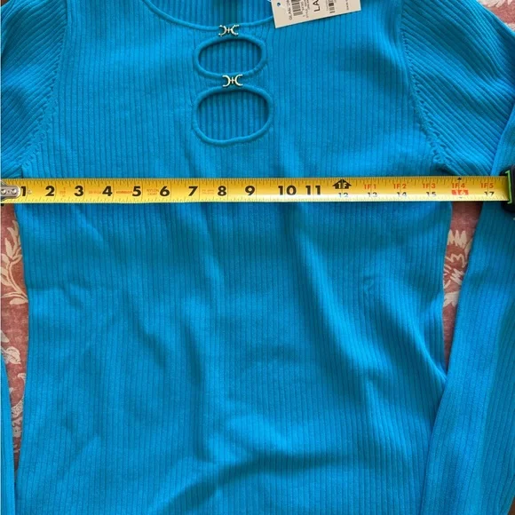 NWT INC International Concepts by Macy's Blue Ribbed Top w buckle detail SZ L - Picture 7 of 8